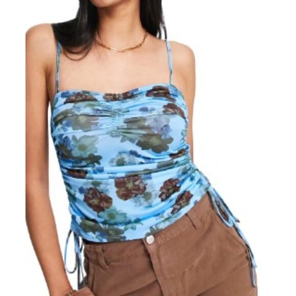 Topshop Ruched Floral Cami Blue NEW - Picture 1 of 7